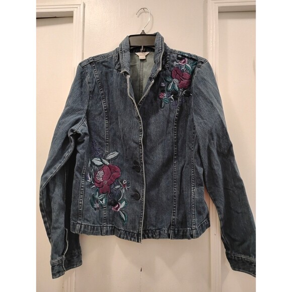 Christopher & Banks Jean Jacket Floral Embroidered SZ Lrg Bloomcore Boho Cotton - Picture 2 of 11